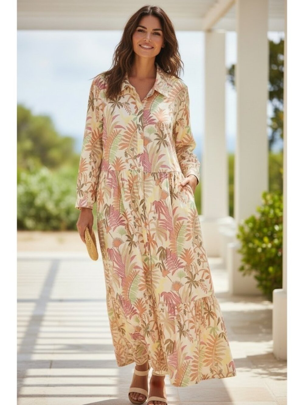 J McLaughlin Tybee Jungle Melody Tiered Midi Shirt Dress M Cotton Tropical 3/4"